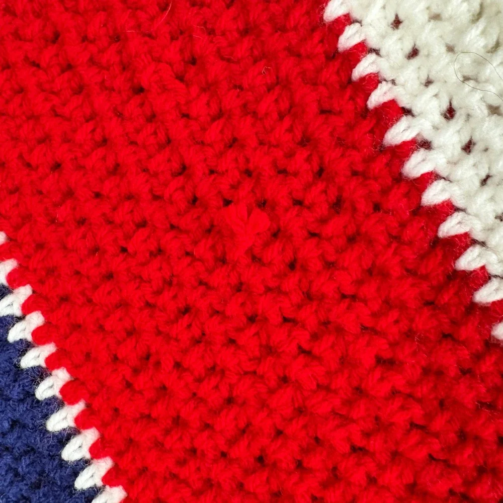 Red White Blue Striped Crochet Throw Blanket Fringe American Patriotic Boho Knit